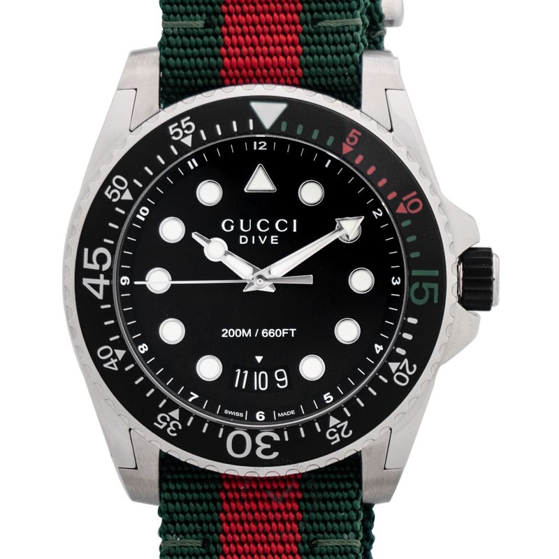 Dive Black Dial Green and Red Nylon Fabric Strap Men's Watch